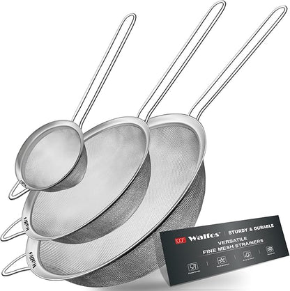 Walfos Fine Mesh Strainer Set of 3, Stainless Steel Wire Strainers for Kitchen, Multipurpose Metal Fine Sieve with Handle, Perfect for Food, Rice, Quinoa, 2.7", 4.6", 7" by Walfos