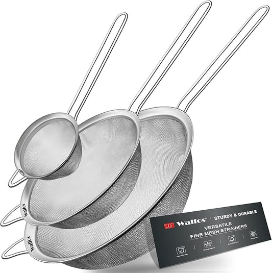 Walfos Fine Mesh Strainer Set of 3, Stainless Steel Wire Strainers for Kitchen, Multipurpose Metal Fine Sieve with Handle, Perfect for Food, Rice, Quinoa, 2.7", 4.6", 7" by Walfos