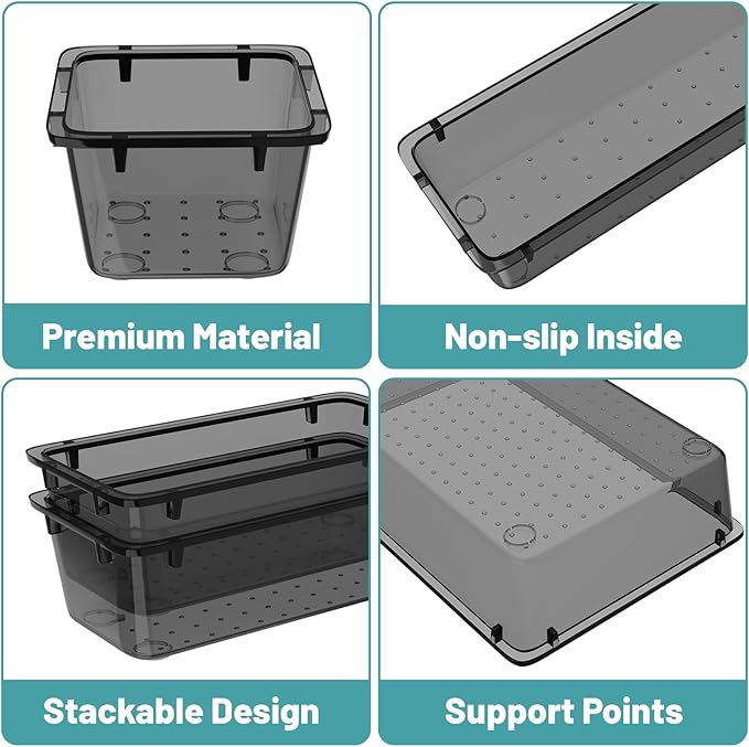 WOWBOX 16 PCS Clear Plastic Drawer Organizer Set, 4 Sizes Desk Drawer Organization and Storage Containers for Makeup, Cosmetics, Jewelry and Gadgets in Kitchen, Bathroom, Bedroom, Office, Clear Black - Image 3