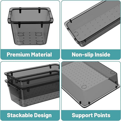 WOWBOX 16 PCS Clear Plastic Drawer Organizer Set, 4 Sizes Desk Drawer Organization and Storage Containers for Makeup, Cosmetics, Jewelry and Gadgets in Kitchen, Bathroom, Bedroom, Office, Clear Black - Image 3