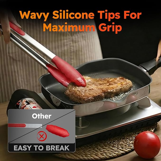 HST Tongs for Cooking with Silicone Tips(3 Pack), Non Stick Kitchen Tongs with Silicone Tip for Cooking BBQ Baking (12", Red) - Image 5