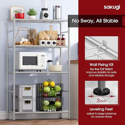 Sakugi Storage Shelves - 4 Tier Shelf Organizer, Heavy Duty Garage Shelving Unit with Leveling Feet, Stable Metal Shelves Organizer for Pantry, Kitchen and Closet, 33.0" W x 12.6" D x 57.2" H, Silver - Image 5