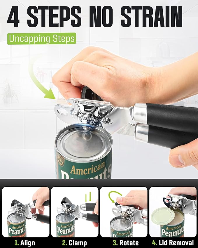 Multifunctional Can Opener Manual, Durable Heavy Duty Handheld Strong Can Opener with Smooth Cutting Edge, Friendly Kitchen Essentials Tool for Seniors, Camping and Bottle Opening-Black - Image 3