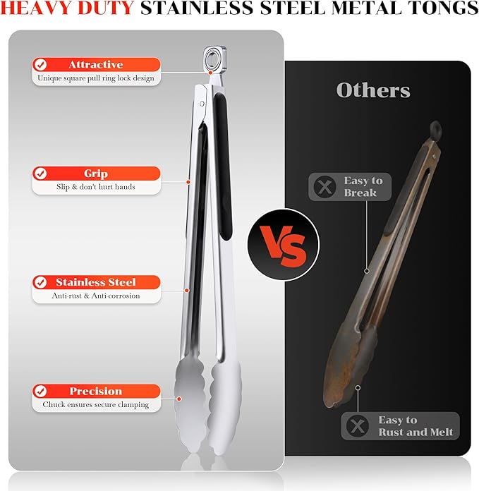 Kitchen Tongs for Cooking - 7 Inch & 9 Inch & 12 Inch Heat Resistant Stainless Steel Grilling Tong Grill Tong Metal Tongs for Cooking, Grilling, BBQ/Barbecue, Food (7+9+12 inch)