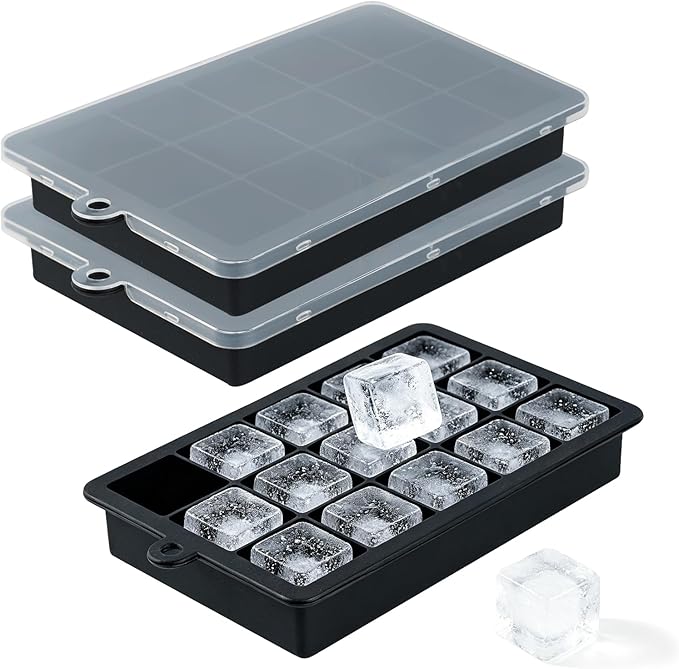 Premium Silicone Ice Cube Trays with Lid - 15 Large Square Ice Cubes for Whiskey, Cocktails, Coffee & More - BPA Free, Stackable, Easy Release & Dishwasher Safe - Black-2pack