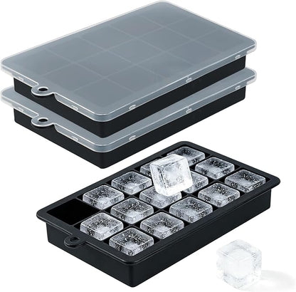 Premium Silicone Ice Cube Trays with Lid - 15 Large Square Ice Cubes for Whiskey, Cocktails, Coffee & More - BPA Free, Stackable, Easy Release & Dishwasher Safe - Black-2pack
