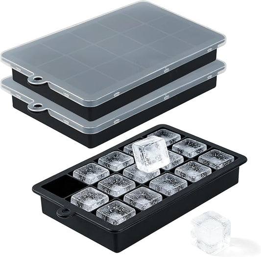 Premium Silicone Ice Cube Trays with Lid - 15 Large Square Ice Cubes for Whiskey, Cocktails, Coffee & More - BPA Free, Stackable, Easy Release & Dishwasher Safe - Black-2pack