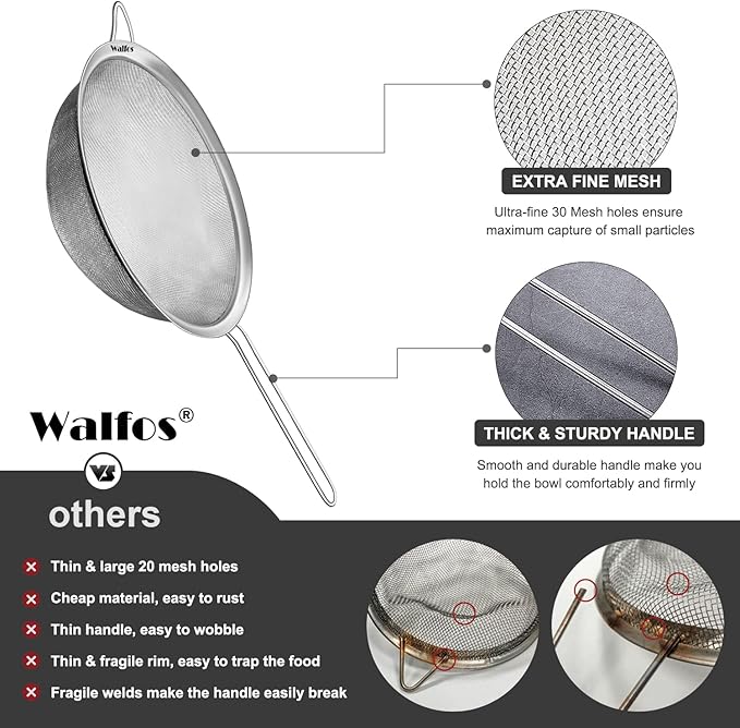 Walfos 8.6 Inch Large Fine Mesh Strainer, Kitchen Metal Food Strainers with Sturdy Handle, Stainless Steel 30 Mesh Sieve Sifters for Rice, Quinoa, Pasta, Fruits, Vegetables, etc. - Image 7