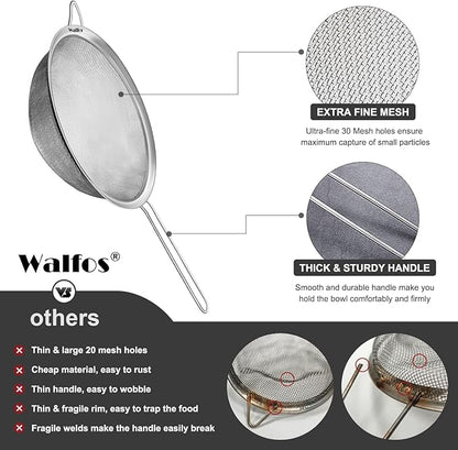 Walfos 8.6 Inch Large Fine Mesh Strainer, Kitchen Metal Food Strainers with Sturdy Handle, Stainless Steel 30 Mesh Sieve Sifters for Rice, Quinoa, Pasta, Fruits, Vegetables, etc. - Image 7