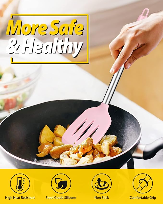 Pack of 4 Silicone Cooking Utensils Set, Non Stick Large Solid Spatulas, Heat Resistant Pink Slotted Spoons, Ideal BPA Free Kitchen Turners for Frying, Mixing,Serving,Draining,Turning,Stirring - Image 4