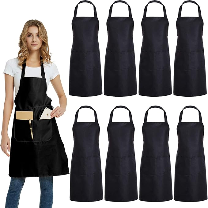 DUSKCOVE 8 Pack Bib Aprons Bulk - Unisex Black Commercial Apron with 2 Pockets for Kitchen Crafting BBQ Drawing Cooking by DUSKCOVE