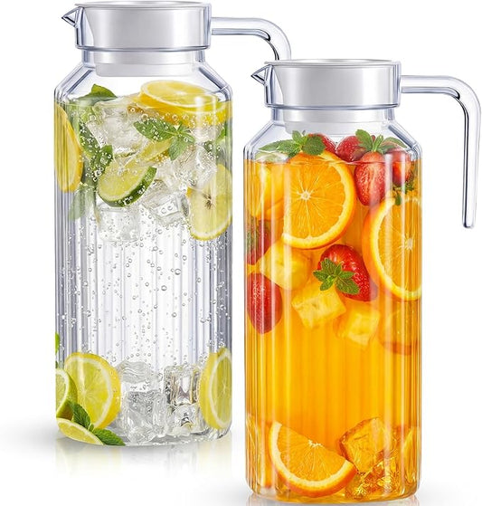 Panitay 2 Pcs 68 Ounces Plastic Pitcher with Lid Clear Acrylic Refrigerator Safe Pitcher Shatter Proof Juice Containers with Lids for Water Milk Sangria Lemonade Cold Drinks by Panitay