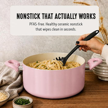 GreenLife 5 Quart Nonstick Stock Pot with Lid, Non-Toxic Ceramic Pot, Dishwasher Safe, Induction Ready, Fast Heating, Stay-Cool Handles, Kitchen Casserole, Soup, Pasta, Easy Clean, Blush Pink