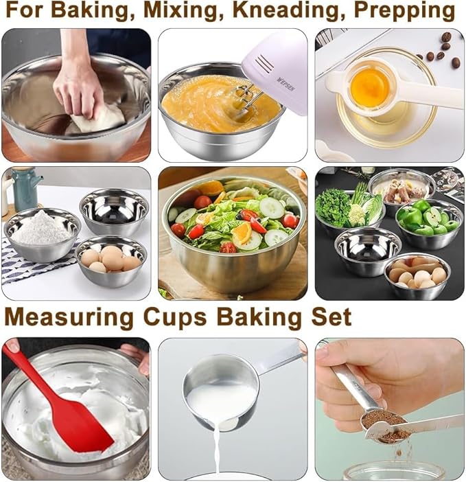 5-Speed Electric Hand Mixer, 4 Large Mixing Bowls Set, Handheld Mixers with Whisks Beater, Stainless Steel Metal Nesting Bowl Measuring Cups Spoons Kitchen Cake Blender for Baking Supplies - Image 7