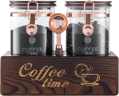 Glass Coffee Canister Set with Torched Wood Shelf, 2 Pack 45oz Airtight Storage Jars with Lids & Spoons, Large Kitchen Canisters for Coffee Beans, Sugar, Tea & Nuts