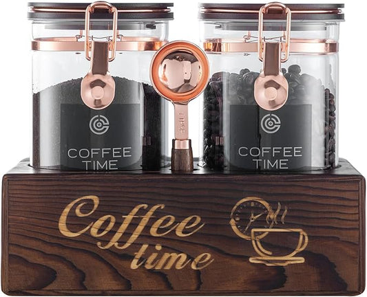 Glass Coffee Canister Set with Torched Wood Shelf, 2 Pack 45oz Airtight Storage Jars with Lids & Spoons, Large Kitchen Canisters for Coffee Beans, Sugar, Tea & Nuts