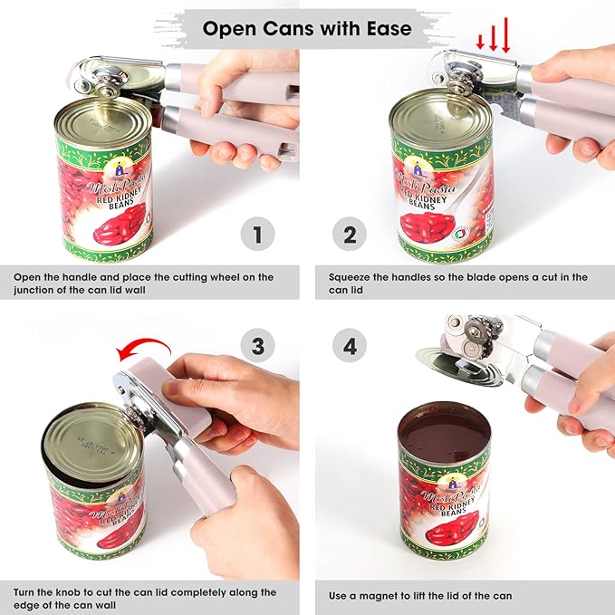 Beneno Heavy Duty Hand Can Opener Manual with Magnet, Durable Sharp Carbon Steel Blade Smooth Cutting, Big Effort-Saving Knob & Soft Grip Handle, Multifunctional Bottle Opener, Light Pink - Image 4