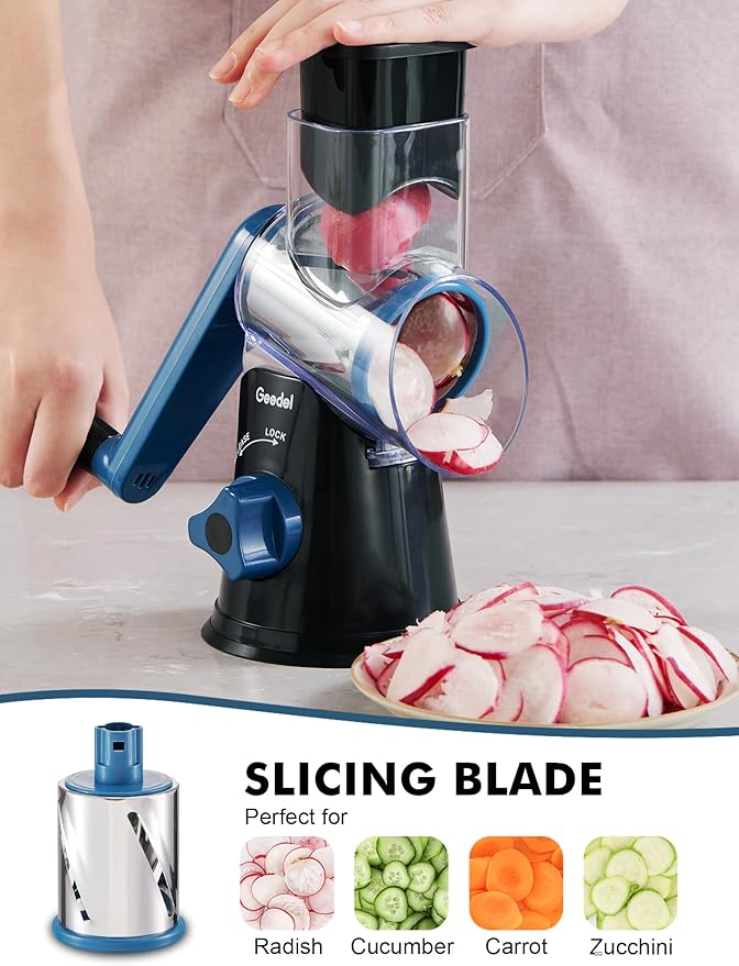 Geedel Rotary Cheese Grater, Kitchen Mandoline Vegetable Slicer with 3 Interchangeable Blades, Easy to Clean Rotary Grater Slicer for Fruit, Vegetables, Nuts - Image 3