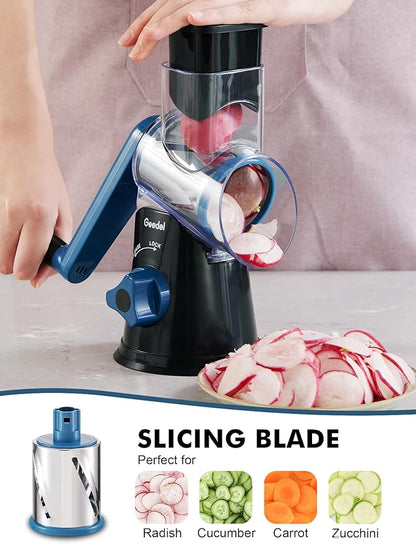 Geedel Rotary Cheese Grater, Kitchen Mandoline Vegetable Slicer with 3 Interchangeable Blades, Easy to Clean Rotary Grater Slicer for Fruit, Vegetables, Nuts - Image 3