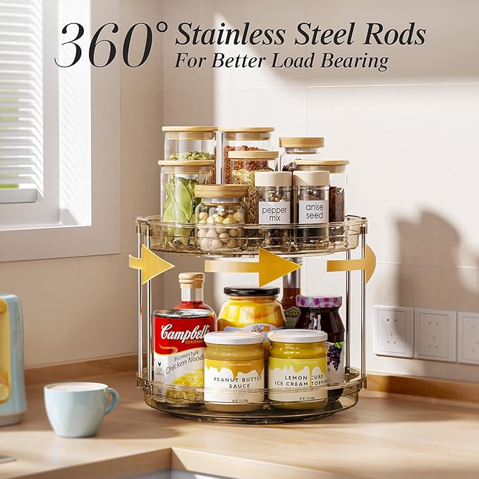LAMU 2 Pack 2 Tier Lazy Susan Turntable Organizer 10.6'' Rotating Spice Rack Organization for Cabinet, Kitchen, Pantry, Countertop, Bathroom, Vanity, Medicine Cabinet Organizer, Amber - Image 3