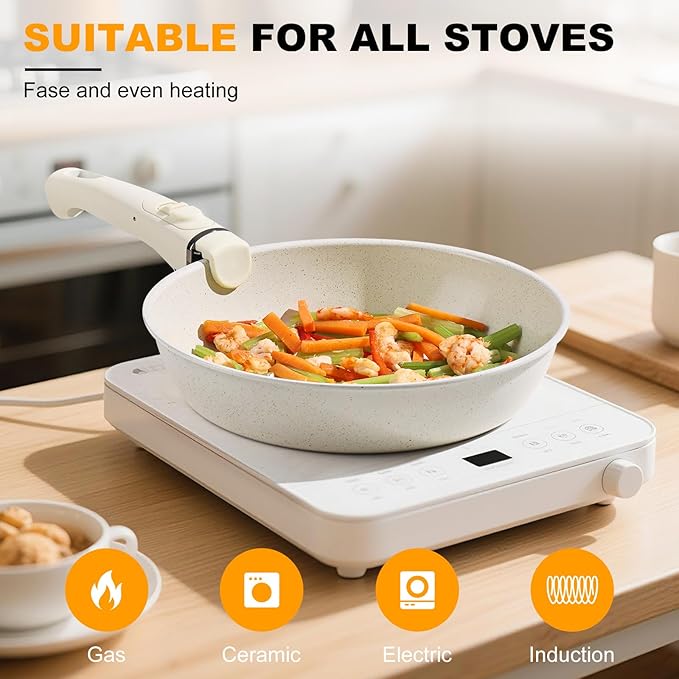 Pots and Pans Set Non Stick, Ceramic Cookware Set Nonstick Frying Pans 5 Pcs-Non Toxic PFAS/PFOA/PTFE Free, with Detachable Handle for RV Kitchen, Induction & Dishwasher Safe Cream White - Image 6