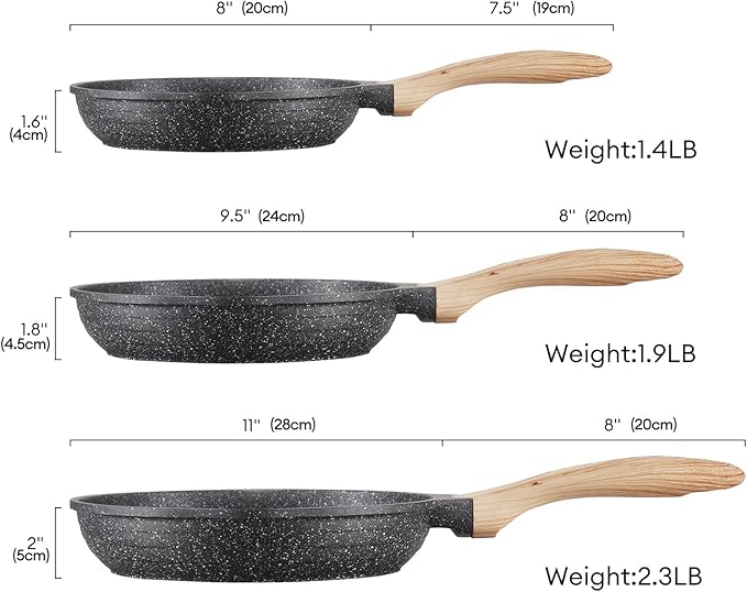 JEETEE Non Stick Frying Pan Set, Frying Pans Nonstick, Omelette Skillet with Soft Touch Handle, 3-Piece Cookware Set 8 Inch 9.5 Inch 11 Inch - Image 2