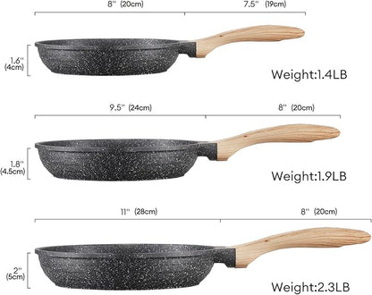 JEETEE Non Stick Frying Pan Set, Frying Pans Nonstick, Omelette Skillet with Soft Touch Handle, 3-Piece Cookware Set 8 Inch 9.5 Inch 11 Inch - Image 2