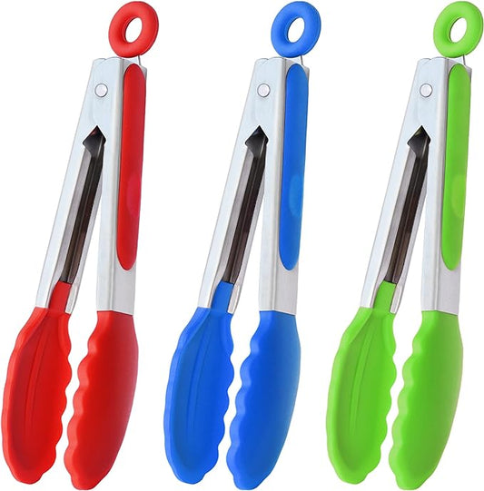 HINMAY Mini Tongs with Silicone Tips 7-Inch Serving Tongs, Set of 3 (Red Blue Green) by HINMAY