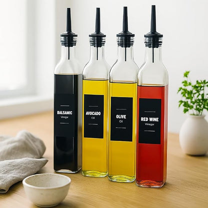 Olive Oil & Vinegar Dispenser Bottle Set with Stainless Steel Pourer, Funnel & Labels - Glass Kitchen Oil Cruet - Dispenser Bottle for Coffee Syrup, Soy Sauce, Cooking Sauces & More - 500ml - Set of 4 - Image 5