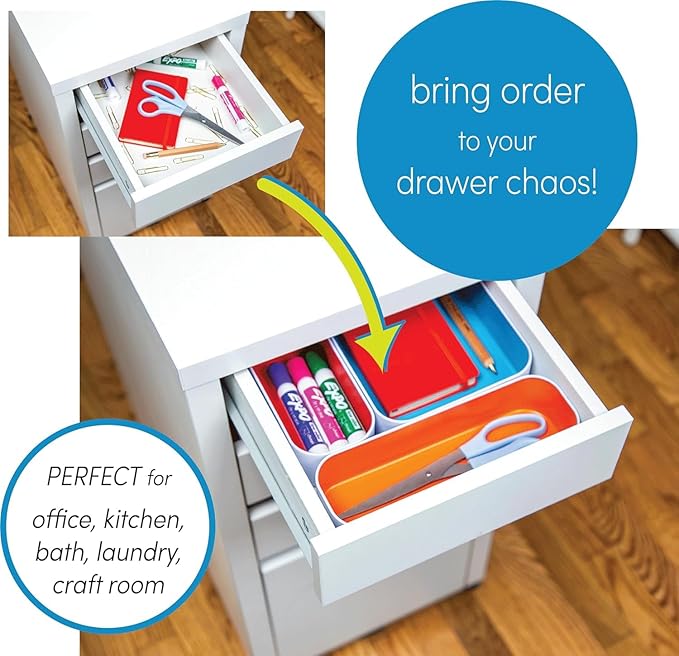 Three by Three Seattle 12 Piece Metal Organizer Tray Set for Storing Makeup, Stationery, Utensils, and More in Office Desk, Kitchen and Bathroom Drawers (Classic Colors) - Image 2