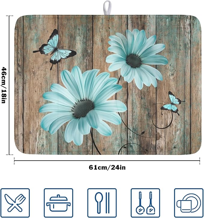 Teal Sunflowers Drying Mat 24x18 Inch, Summer Wooden Board Drying Mat with Absorbent Reversible Microfiber, Rustic Dish Drainer Mats Shabby Chic Floral Rack Pad for Coffee Countertop Kitchen Protector