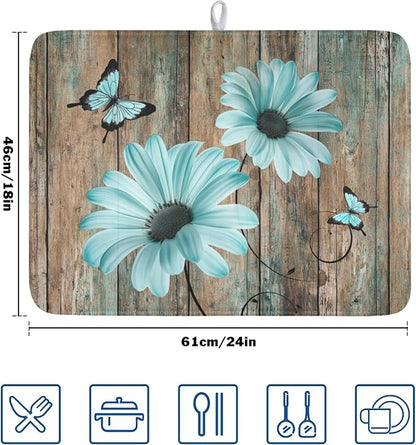 Teal Sunflowers Drying Mat 24x18 Inch, Summer Wooden Board Drying Mat with Absorbent Reversible Microfiber, Rustic Dish Drainer Mats Shabby Chic Floral Rack Pad for Coffee Countertop Kitchen Protector