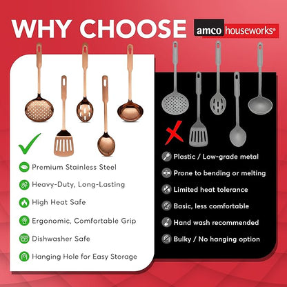 Amco 5-Piece Stainless Steel Cooking Utensil Set, Copper Finish - Includes Kitchen Ladle, Slotted Turner, Skimmer, Solid Spoons - 14" with Hanging Holes for Easy Storage, Durable Kitchen Gadgets - Image 7