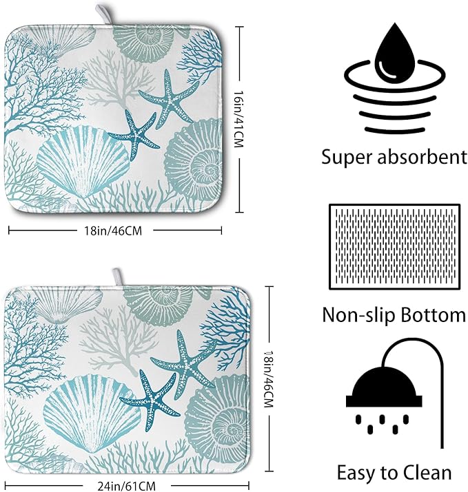 Summer Teal Dish Drying Mat for Kitchen Counter Nautical Coastal Blue Dishes Drainer Mats Turquoise Beach Coral Seashell Starfish Ocean Absorbent Microfiber Dish Draining Pad 18x24 Inch - Image 2