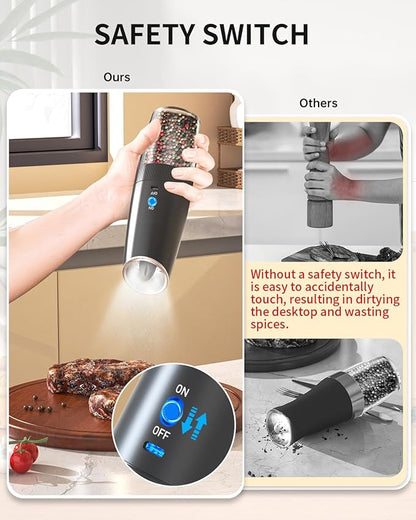 CIRCLE JOY Gravity Electric Pepper Grinder Rechargeable Salt Grinder Pepper Griner Mill Electric with LED Light, No Battery Needed, Adjustable Coarseness, Washable 135ml Container, Black - Image 2