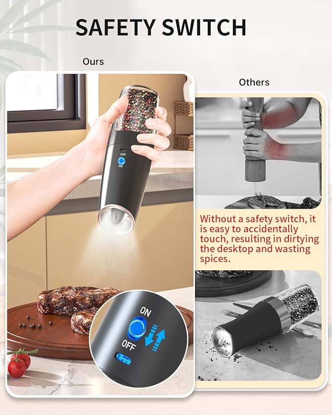 CIRCLE JOY Rechargeable Salt and Pepper Grinder Set Gravity Electric Salt and Pepper Grinder Set, LED Light, Adjustable Coarseness, for Home Kitchen BBQ, Black & White - Image 2