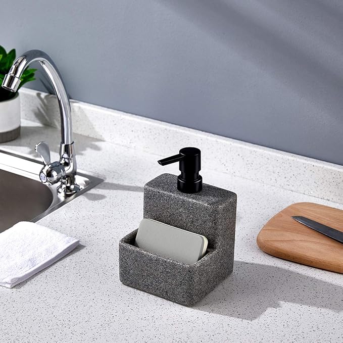 zccz Soap Dispenser with Sponge Holder, Liquid Hand and Dish Soap Dispenser Pump Bottle and Sponge Holder 2 in 1 for Kitchen Sink Bathroom Counter Storage and Organization Black Marble Look - Image 2