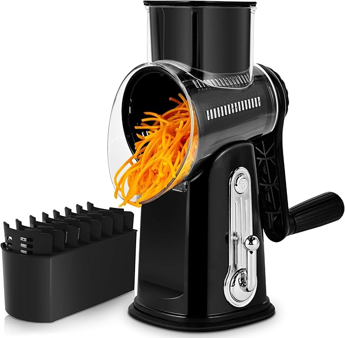 SUSTEAS Rotary Cheese Grater with Handle - Vegetable Shredder with 5 Well-designed Blades & Strong Suction Base,Round Mandoline Slicer & Food Chopper for Kitchen,with Blade Storage Box(Black) by SUSTEAS