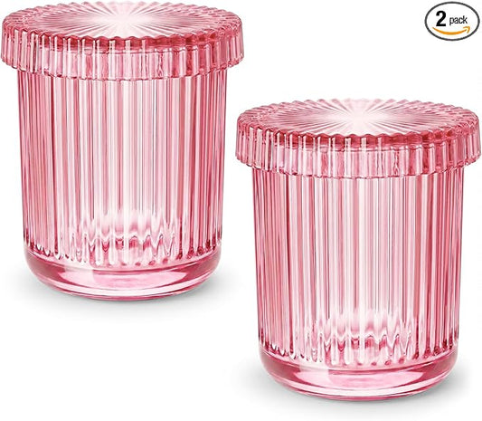 2 Pack Qtip Holder - Apothecary Jars with Lids, Bathroom Organizers and Storage Canister for Cotton Balls,Swabs,Floss Picks,Hair Ties,Clear Glass Vintage Bathroom Decor Jar Set (Pink)