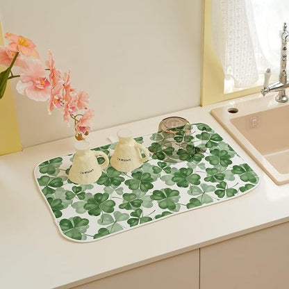 St Patricks Day Dish Drying Mat 18 x 24 inch Dark Green Clover Print Decorative Drying Mats Microfiber Absorbent Shamrock Dish Washable Draining Mat for Kitchen Counter Decor