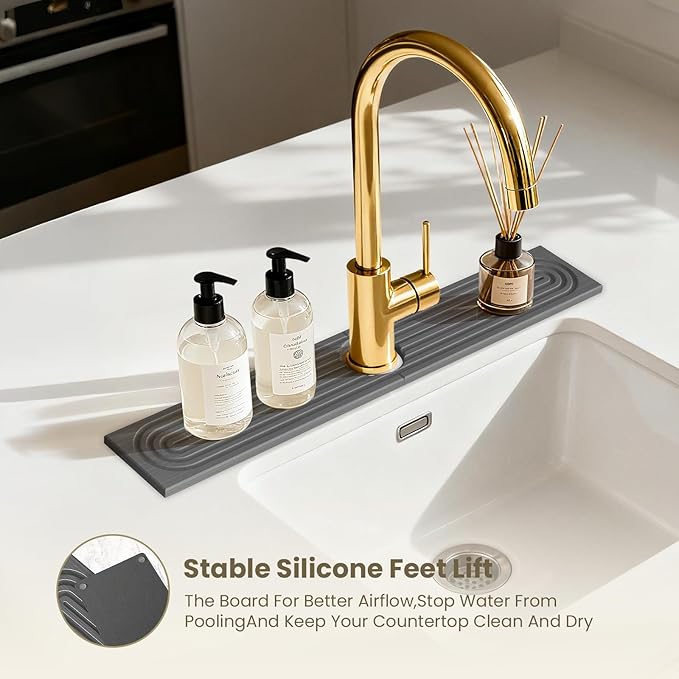 Faucet Mat for Kitchen Sink -Diatomite Stone Drying Mat for Kitchen Counter & Bathroom Sink,Quick-Dry Kitchen Sink Mat-Sink Protector & Splash Guard,Super Absorbent (Gray, 23.6"x4") - Image 6