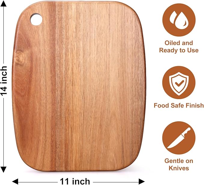 Large Acacia Wood Cutting Boards for Kitchen with Hanging – Big Wooden Cutting Board for Vegetables, Bread, Steak, Meat, Cheese, Charcuterie - BPA Free, 14" x 11"