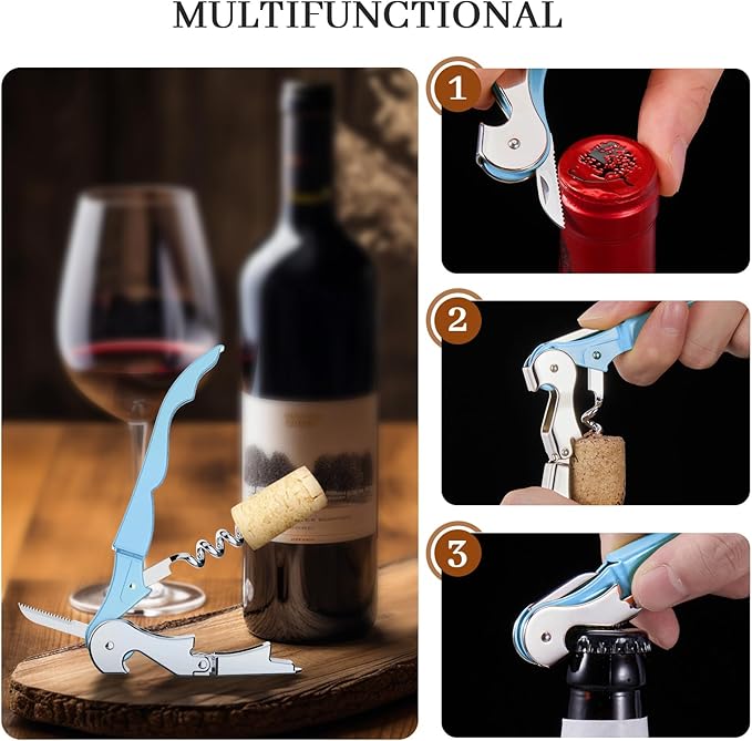 HYZ 2-Pack Wine Opener Waiter Corkscrew, Professional Wine Key for Servers, Bartender with Foil Cutter, Manual Wine Bottle Opener Double Hinged (Sky Blue) - Image 5