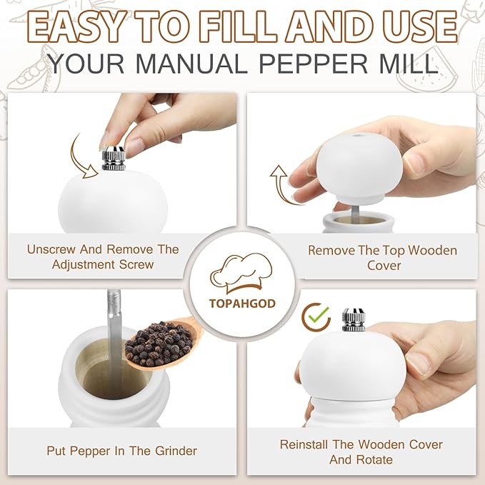 Salt and Pepper Grinder Set of 2 - Wood Salt and Pepper Mill with Adjustable Coarseness Ceramic Core - Manual Salt Grinders Refillable Spice Mills - Pepper Shakers for Sea Salt/Chili/Sesame, 6.5 Inch
