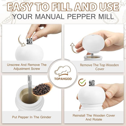 Salt and Pepper Grinder Set of 2 - Wood Salt and Pepper Mill with Adjustable Coarseness Ceramic Core - Manual Salt Grinders Refillable Spice Mills - Pepper Shakers for Sea Salt/Chili/Sesame, 6.5 Inch
