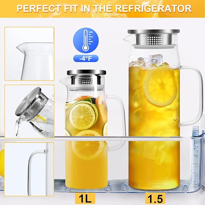 Yirilan Glass Pitcher, 1.5liter Glass Pitcher With Lid, Carafes and Pitchers, Iced Tea Pitcher, Water Carafe With Handle, Heat Resistant Borosilicate Glass Jug, Beverage Pitcher, Tea Jug With Brush - Image 4