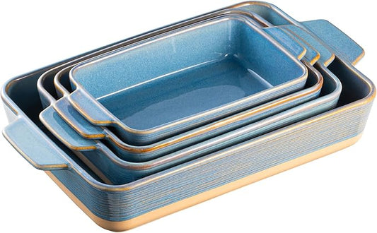 Dafuceramic Casserole Dishes for Oven, Baking Dishes, Ceramic Bakeware Sets of 4, Rectangular Baking Pan Set with Handles for Baking, Casserole, Kitchen, Wedding Gift (Blue Yellow) by Dafuceramic