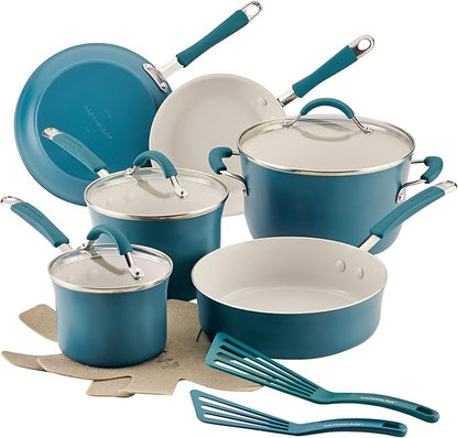 Rachael Ray Cucina Ceramic Cookware Set - 13 Pieces - Ceramic Pots and Pans Set w/Nonstick Frying Pans, Saute Pan, Saucepans, Stockpot, Lids, Pan Protectors & Cooking Utensils - Marine Blue by RachaelRayKitchenware
