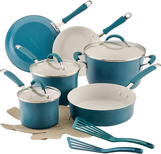 Rachael Ray Cucina Ceramic Cookware Set - 13 Pieces - Ceramic Pots and Pans Set w/Nonstick Frying Pans, Saute Pan, Saucepans, Stockpot, Lids, Pan Protectors & Cooking Utensils - Marine Blue by RachaelRayKitchenware
