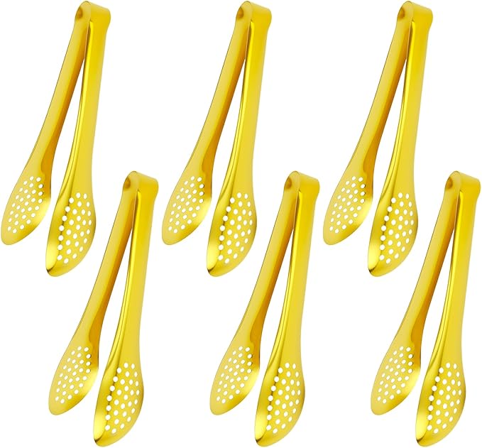 6 PCS Gold Serving Tongs for Party 7 Inch Stainless Steel Serving Utensils for Salad Buffet and Dessert(Gold)